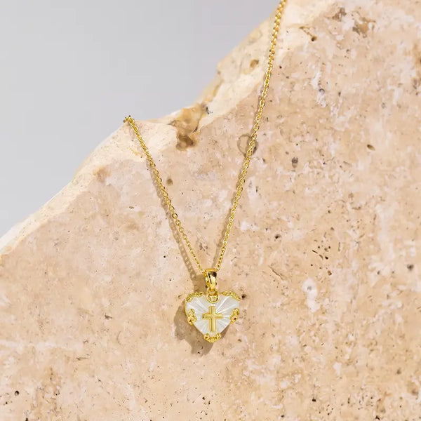 Loyalove Heart Cross Necklace for Women 14K Gold Plated, Dainty White Mother of Pearl Style Christian Faith Jewelry, Adjustable 16.5-18.5 Inch, Meaningful Gift