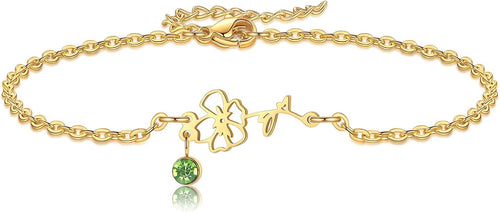 Birth Flower Bracelets, 14K Gold Plated Birth Month Floral Birthstone Charm Bracelets Wildflower Birthflower Jewelry Birthday Gifts for Women
