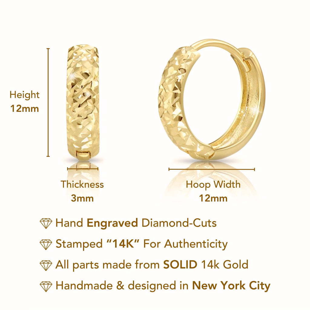 Solid 14K Gold Huggie Hoop Earrings, Hand Engraved Diamond-Cut Design, Available in 14K Yellow or White Gold, Size 12Mm, by TILO Jewelry