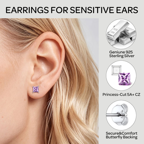 925 Sterling Silver Earrings for Women Sensitive Ears 6Mm Cubic Zirconia Princess Cut Birthstone Studs Hypoallergenic Birthday Graduation Valentines Day Christmas Jewelry Gifts for Her