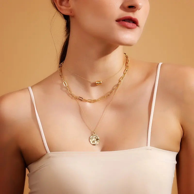 Women'S 3Pcs Gold Minimalist Long Paperclip Link Chain Necklaces with Coin Pendant, Dainty Chain, Minimalist Chic Jewelry, Fashion Chic Accessories, Everyday Wear Jewelry Gift,Sohochic