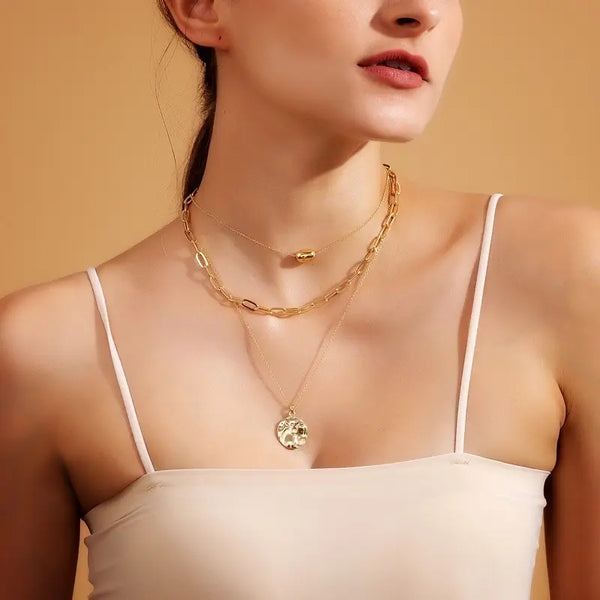 Women'S 3Pcs Gold Minimalist Long Paperclip Link Chain Necklaces with Coin Pendant, Dainty Chain, Minimalist Chic Jewelry, Fashion Chic Accessories, Everyday Wear Jewelry Gift,Sohochic