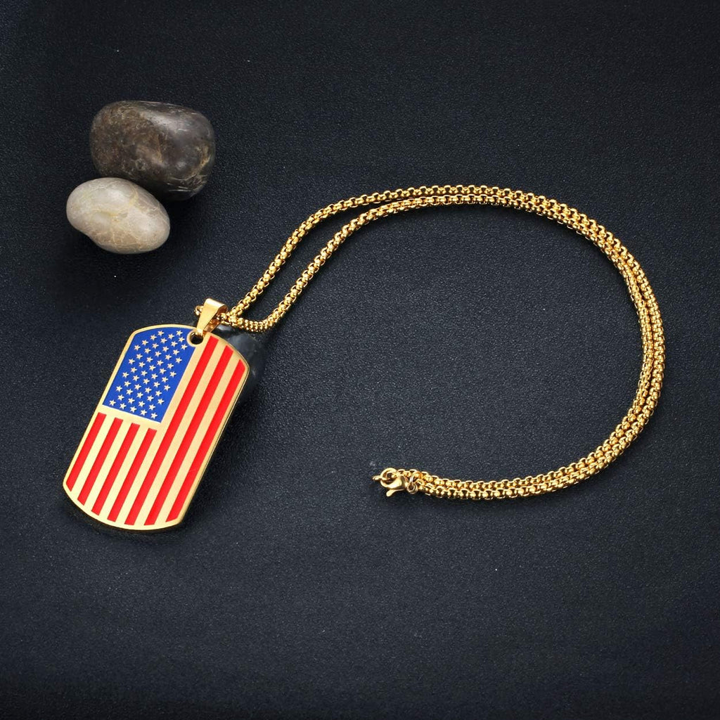 American USA Flag Dog Tag Pendant Necklace for Women Men 24" Chain