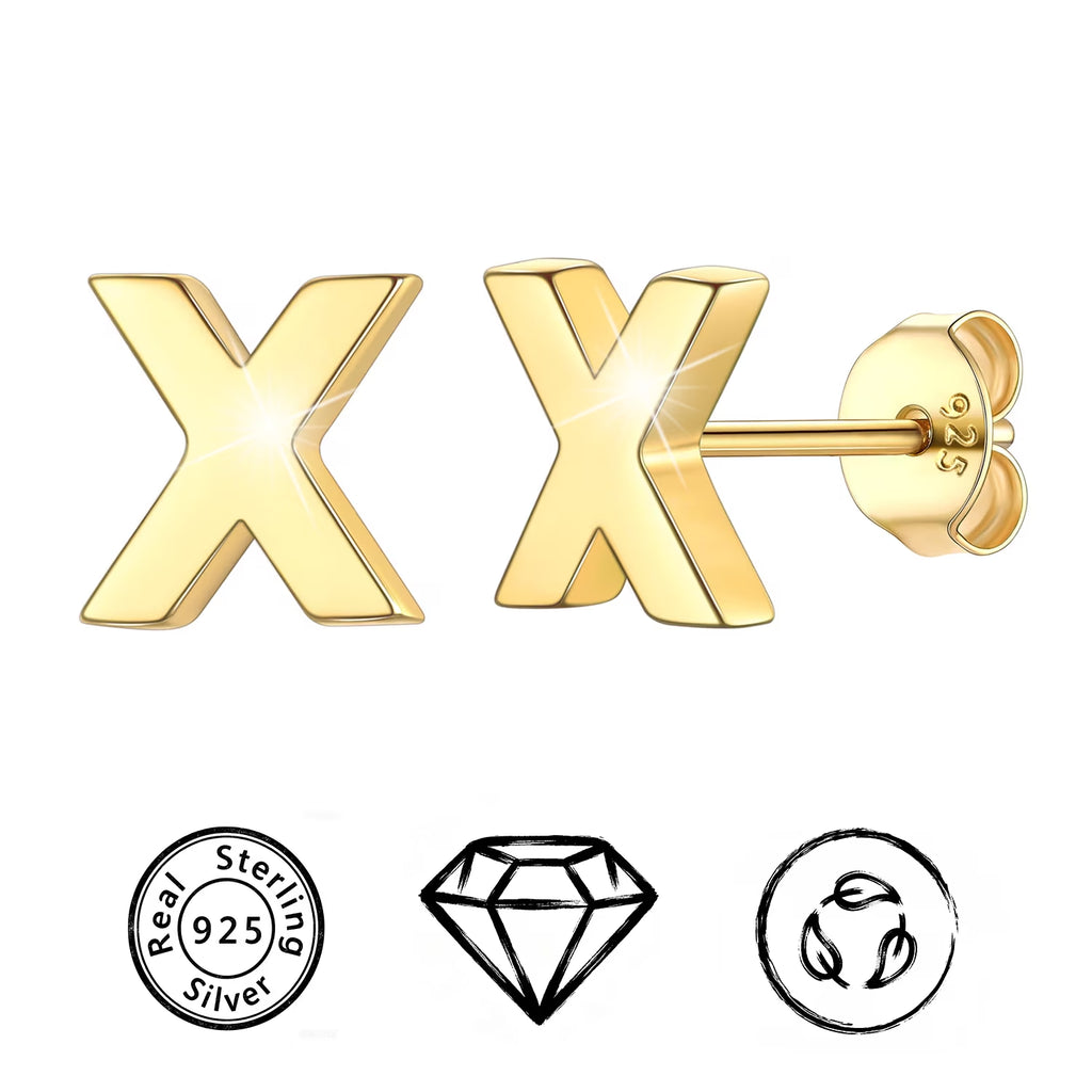 14K Gold Plated Initial Stud Earrings for Women Sensitive Ears 925 Sterling Silver Hypoallergenic Earrings Studs Letter A-Z
