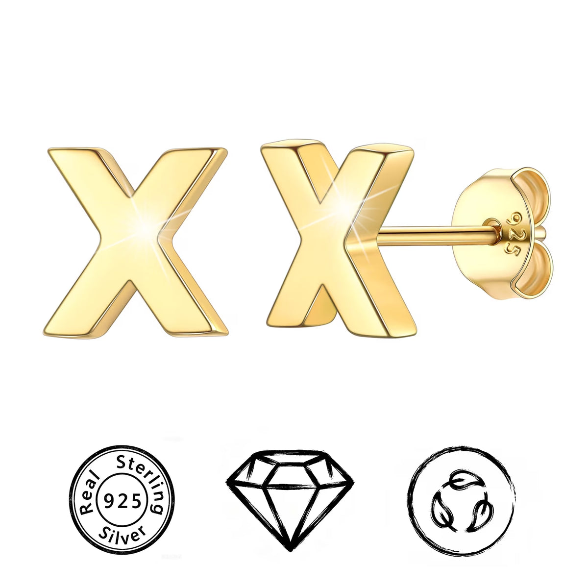14K Gold Plated Initial Stud Earrings for Women Sensitive Ears 925 Sterling Silver Hypoallergenic Earrings Studs Letter A-Z