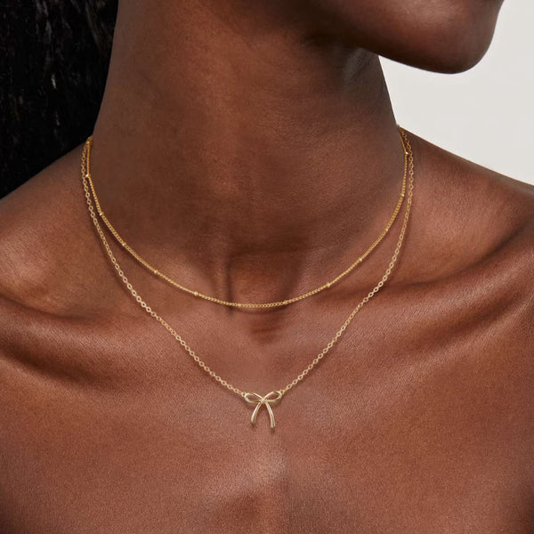 14K Gold Plated Layered Bow Necklace for Women – Dainty Satellite & O Chain Pendant