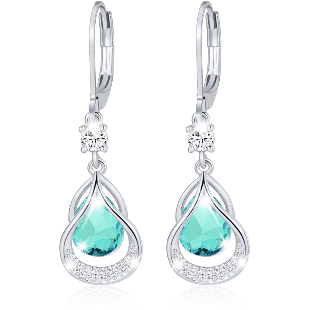 18K White Gold Plated Drop Earrings for Women Girls S925 Sterling Silver Post March Birthstone Earrings with Blue Aquamarine Birthday Graduation Jewelry Gifts Teen Mom Wife Kids