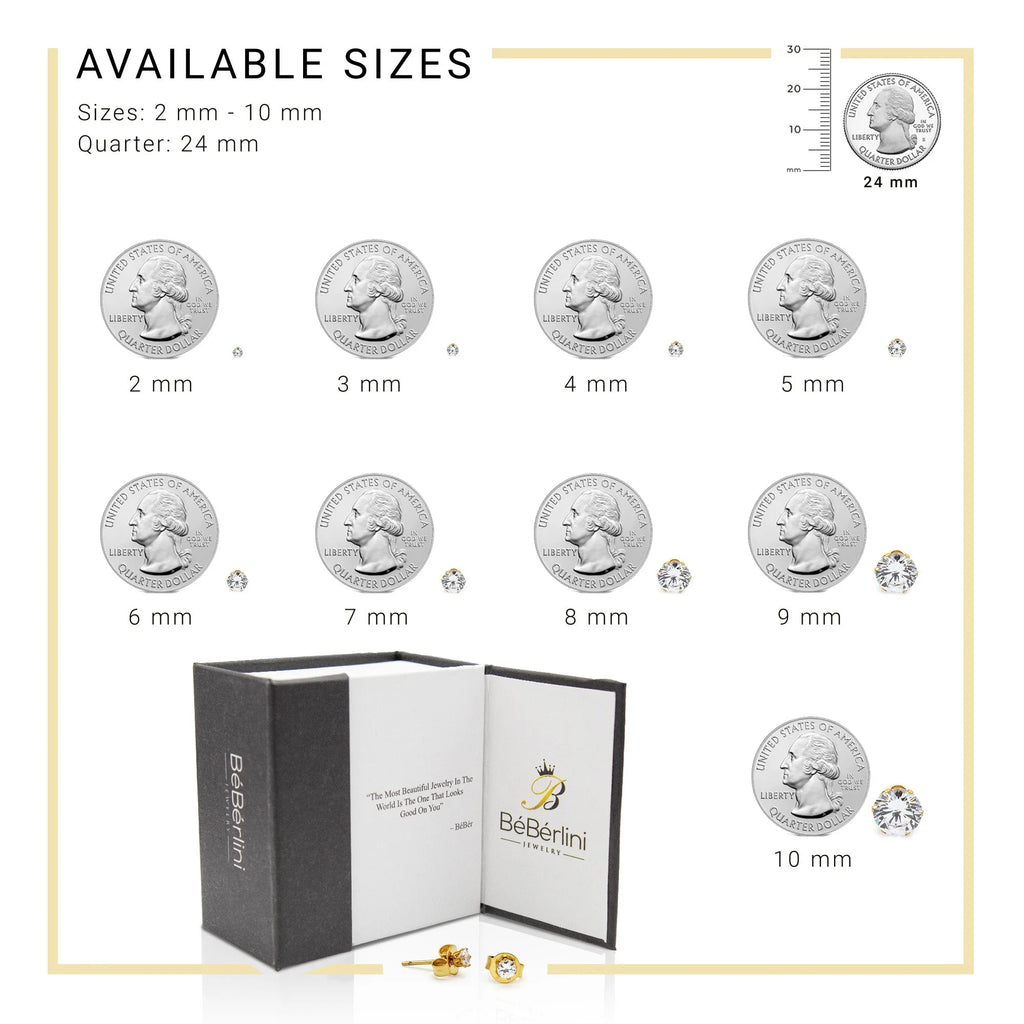 Men Stud Earrings CZ 14K Gold Plated Stainless Steel Jewelry round 6 Mm