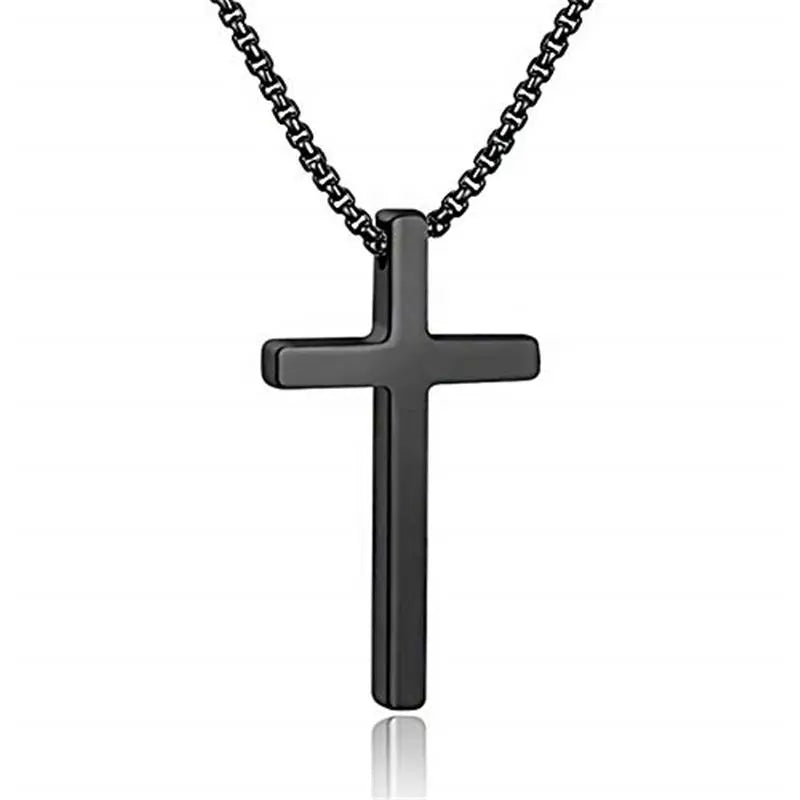 Men'S Stainless Steel Plain Cross Pendant Necklace in Black/Silver/Gold, Box Chain 18 Inches