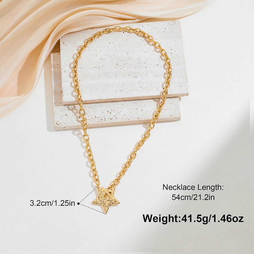 Gold Hammered Star Chunky Necklaces for Women Vintage Jewelry