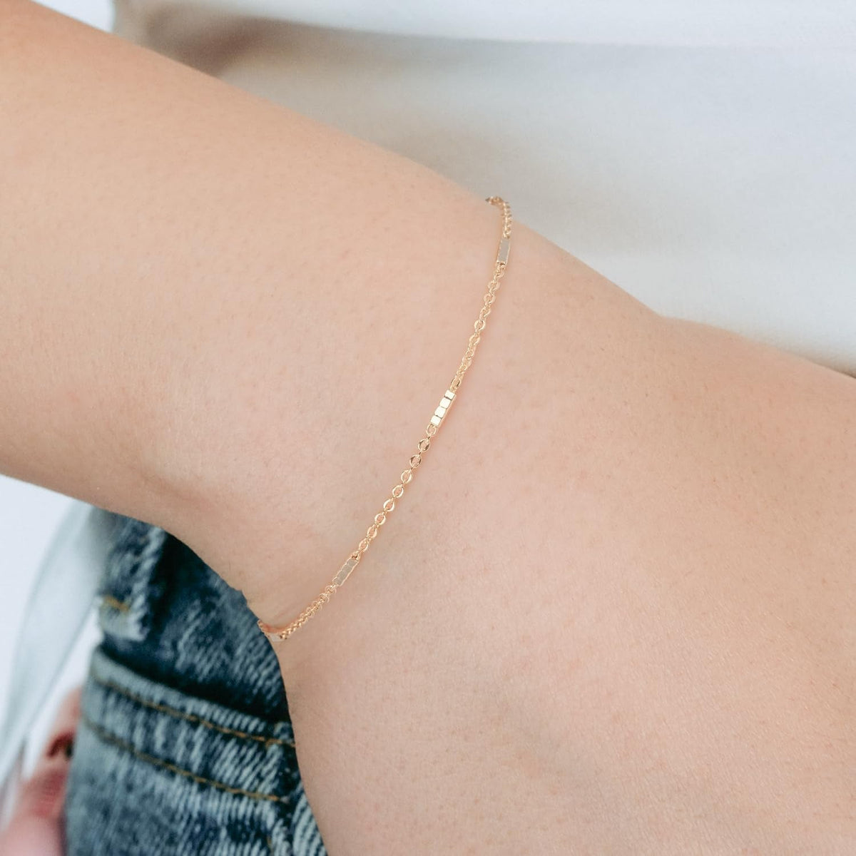 14K Gold Bracelets for Women Small Square Pillar Mens Chain Bracelet - KARMARKA