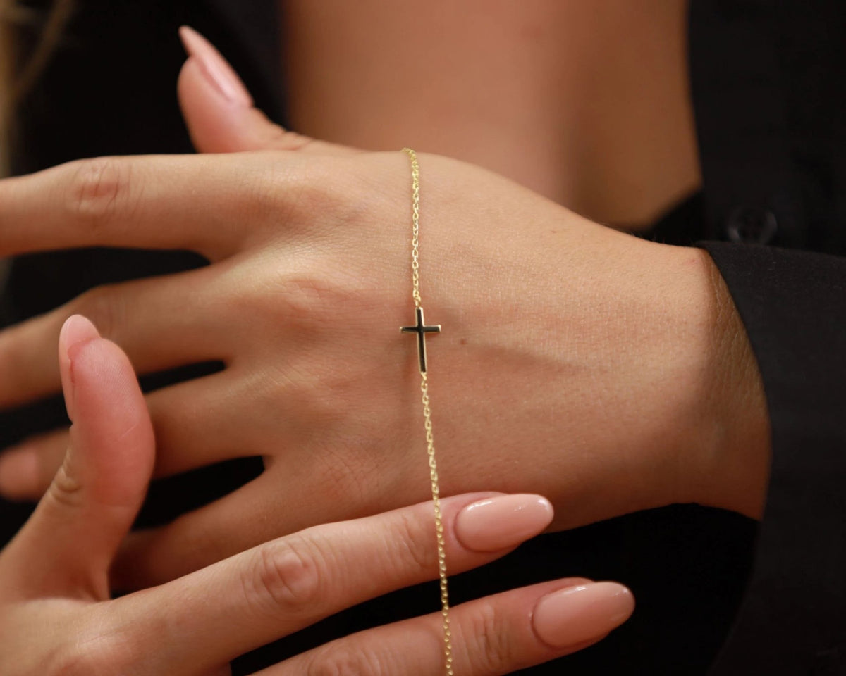 14K Gold Cross Bracelet - Dainty Cross Jewelry - Religious Bracelet - Cross Bracelet Women, Christian Gifts for Women - Communion Gift - KARMARKA