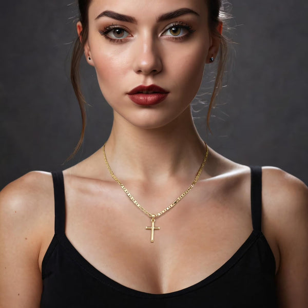 14K Gold Cross Necklace for Women Gold Chain with Minimalist Cross Pendant, Elegant Faith Jewelry Gift, Classic Gold Plated Cross Necklace for Women - KARMARKA