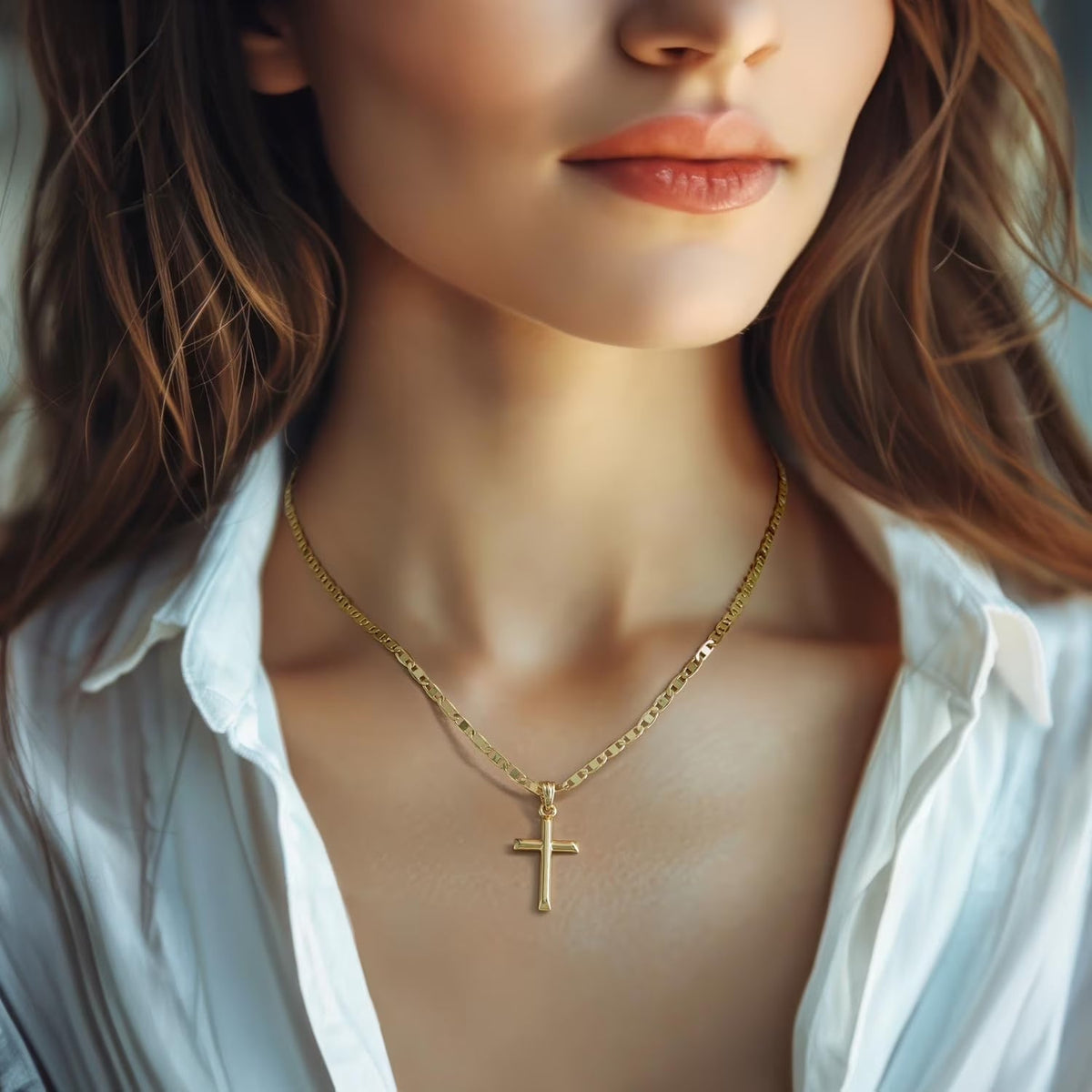 14K Gold Cross Necklace for Women Gold Chain with Minimalist Cross Pendant, Elegant Faith Jewelry Gift, Classic Gold Plated Cross Necklace for Women - KARMARKA