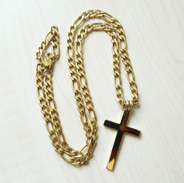 14K Gold Figaro Link Chain Cross Pendant Necklace Gold Filled Clasp for Men,Husband, Boys, Teens Thin for Charms Miami Cuban Link Diamond Cut Fashion Jewelry - KARMARKA