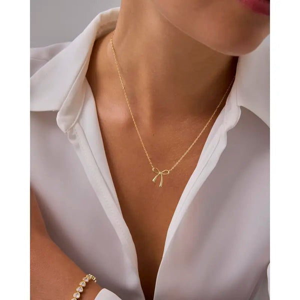 14K Gold Plated Bow Pendant Necklace for Women – Dainty Gold Bow Charm Necklace, Minimalist Layering Chain Jewelry, Elegant Gift for Women - KARMARKA