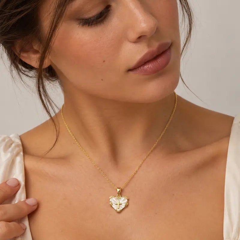 14K Gold Plated Heart Cross Necklace for Women - KARMARKA