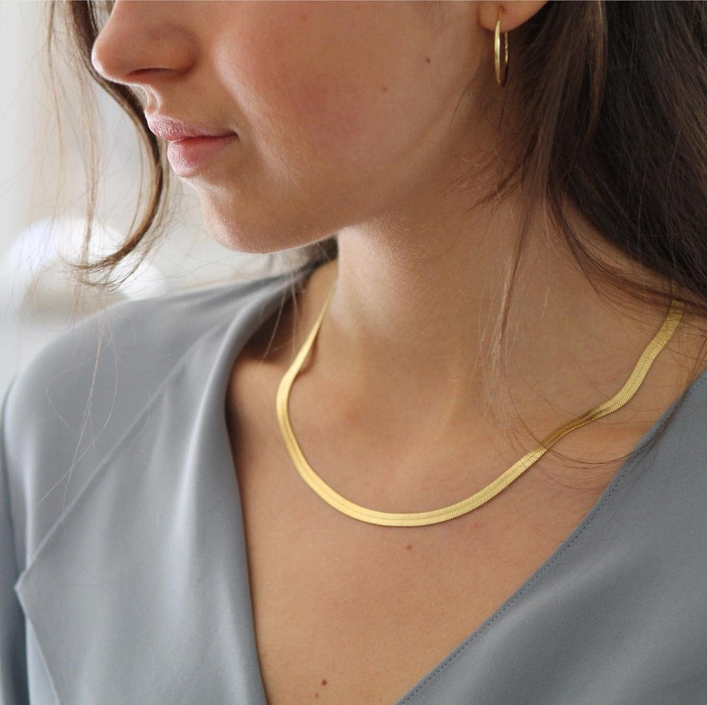 14K Gold Plated Herringbone Necklace for Women – Dainty Snake Chain Choker - KARMARKA