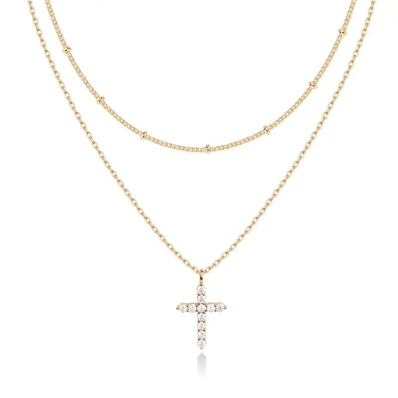 14K Gold Plated Layered Cross Pendant Necklace for Women – Dainty Minimalist Gold Tone Religious Jewelry, Elegant Layering Necklace Gift - KARMARKA