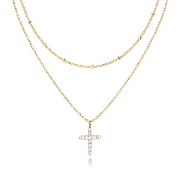 14K Gold Plated Layered Cross Pendant Necklace for Women – Dainty Minimalist Gold Tone Religious Jewelry, Elegant Layering Necklace Gift - KARMARKA