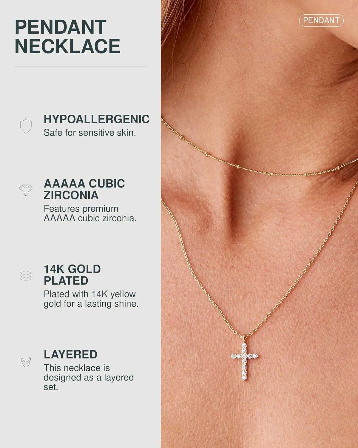14K Gold-Plated Layered Necklace – Cubic Zirconia Pendant for Women - KARMARKA
