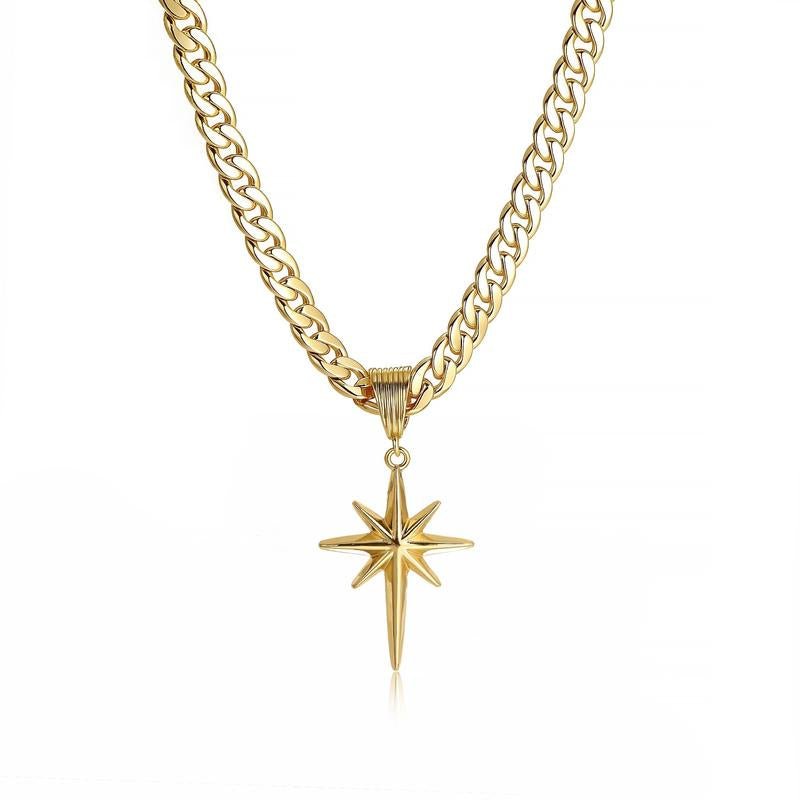 14K Gold Plated Necklaces, North Star Curb Chain Pendant / Herringbone Flat Choker, Stackable Daily Jewelry for Back to School Gift - KARMARKA