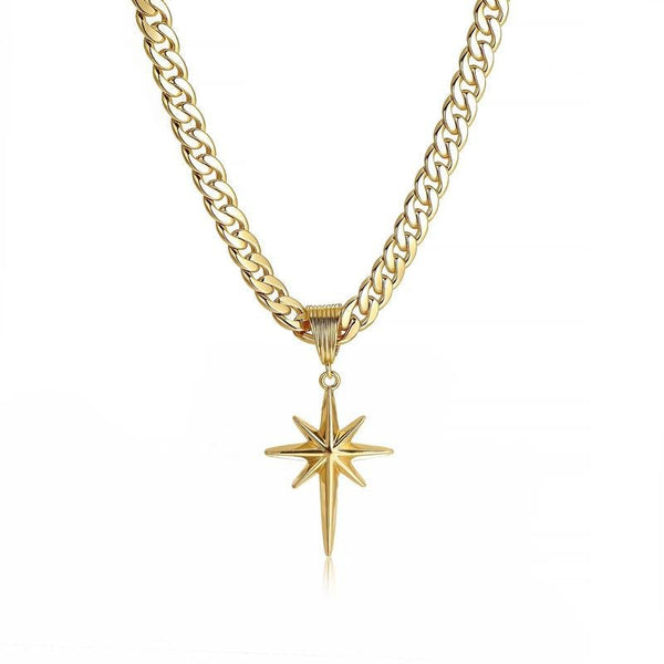 14K Gold Plated Necklaces, North Star Curb Chain Pendant / Herringbone Flat Choker, Stackable Daily Jewelry for Back to School Gift - KARMARKA