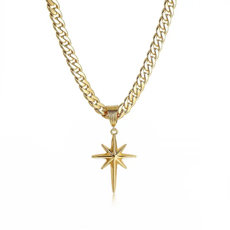 14K Gold Plated Necklaces, North Star Curb Chain Pendant / Herringbone Flat Choker, Stackable Daily Jewelry for Back to School Gift - KARMARKA