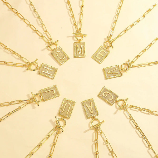 14K Gold Plated Neclace for Women Initial Necklaces for Women, Toggle Clasp Square Letter Pendant Necklace Trendy Dainty Paperclip Chain Necklaces Jewelry Gifts, Gift - KARMARKA
