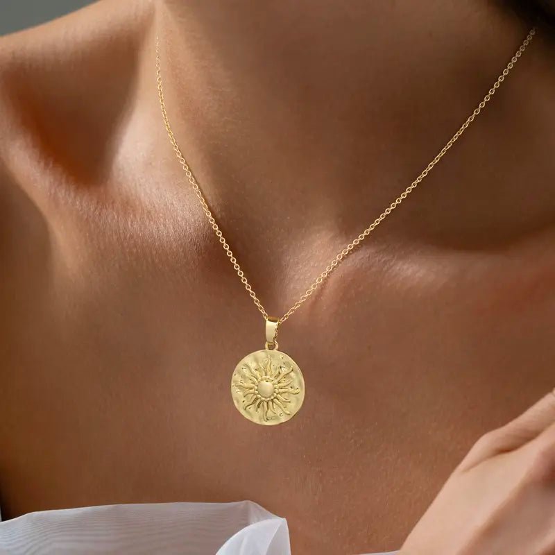 14K Gold Plated Sun Coin Pendant Necklace for Women - KARMARKA