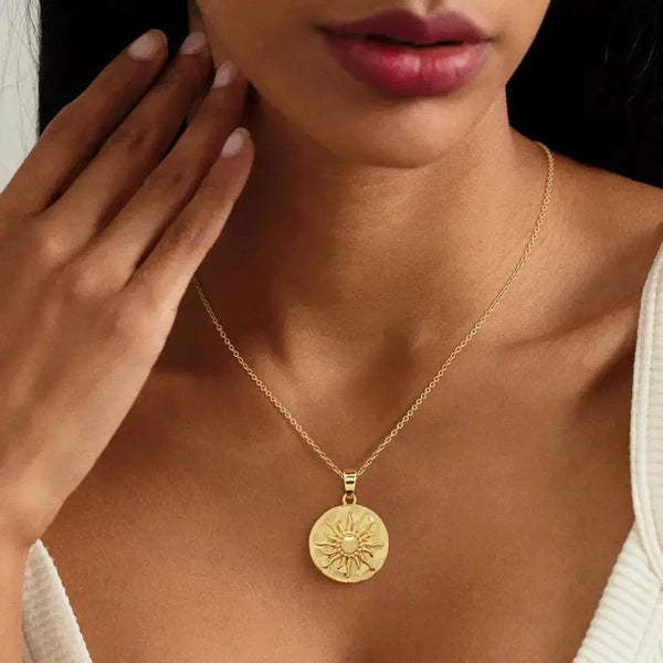 14K Gold Plated Sun Coin Pendant Necklace for Women - KARMARKA