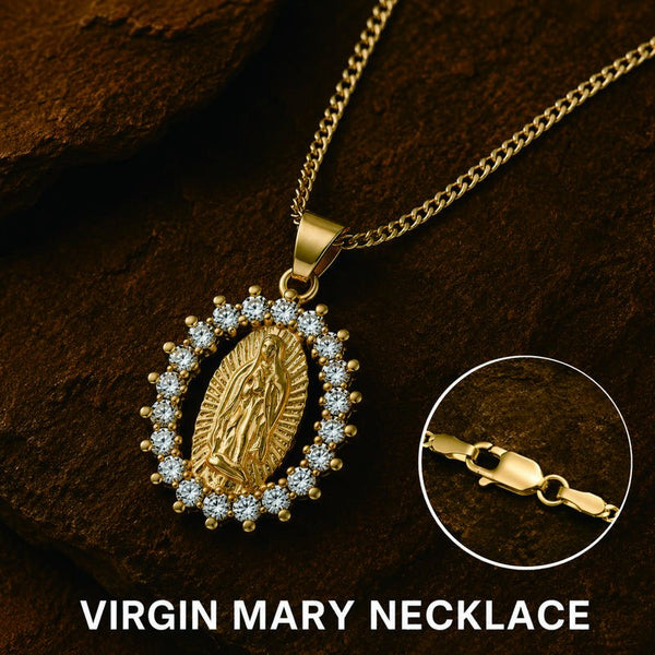 14K Gold Plated Virgin Mary Medal Necklace with CZ Halo Pendant – Gold Tone Catholic Religious Jewelry, Y2K Spiritual Gift for Women - KARMARKA