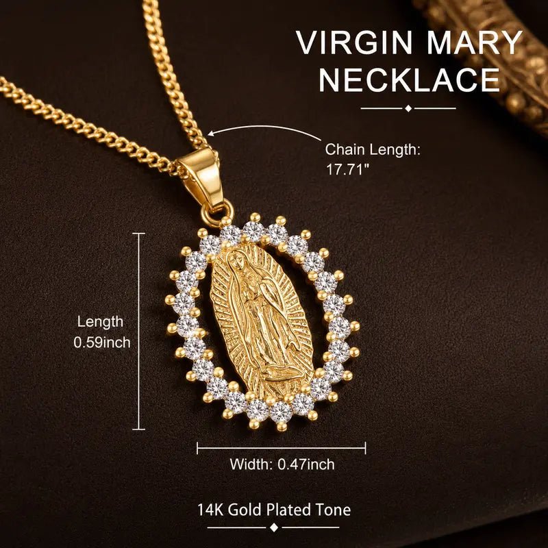 14K Gold Plated Virgin Mary Medal Necklace with CZ Halo Pendant – Gold Tone Catholic Religious Jewelry, Y2K Spiritual Gift for Women - KARMARKA