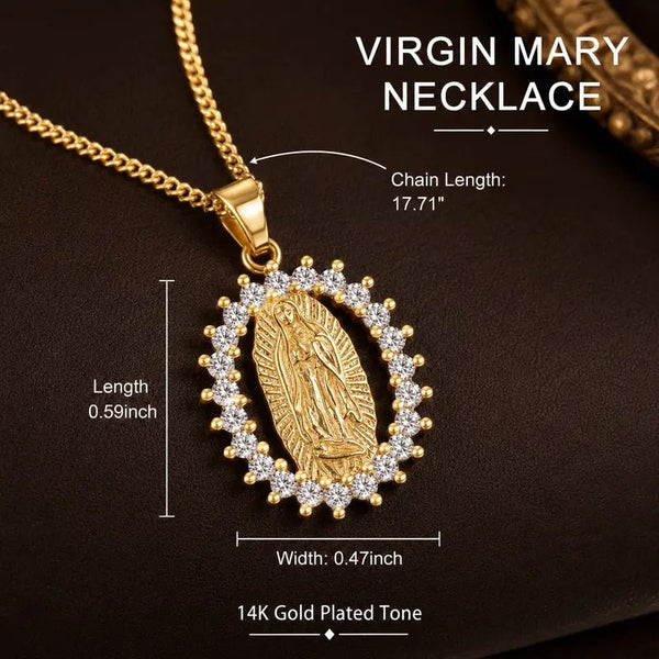 14K Gold Plated Virgin Mary Medal Necklace with CZ Halo Pendant – Gold Tone Catholic Religious Jewelry, Y2K Spiritual Gift for Women - KARMARKA