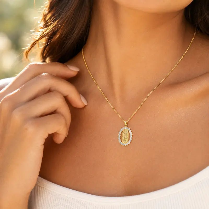 14K Gold Plated Virgin Mary Medal Necklace with CZ Halo Pendant – Gold Tone Catholic Religious Jewelry, Y2K Spiritual Gift for Women - KARMARKA