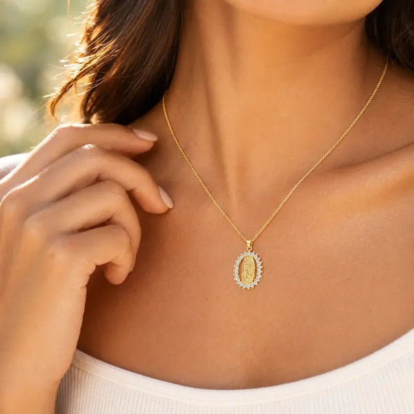 14K Gold Plated Virgin Mary Medal Necklace with CZ Halo Pendant – Gold Tone Catholic Religious Jewelry, Y2K Spiritual Gift for Women - KARMARKA
