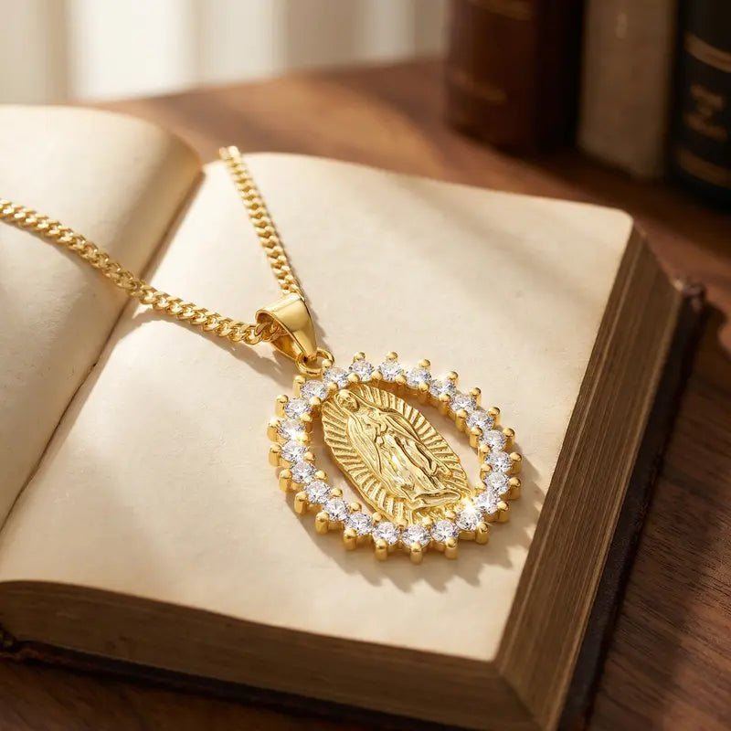 14K Gold Plated Virgin Mary Medal Necklace with CZ Halo Pendant – Gold Tone Catholic Religious Jewelry, Y2K Spiritual Gift for Women - KARMARKA
