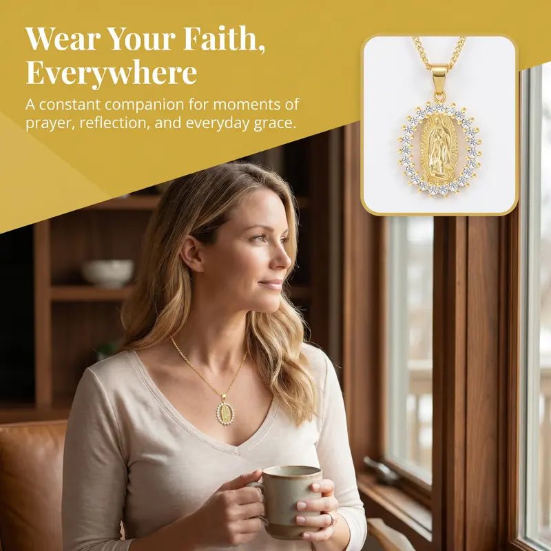14K Gold Plated Virgin Mary Medal Necklace with CZ Halo Pendant – Gold Tone Catholic Religious Jewelry, Y2K Spiritual Gift for Women - KARMARKA