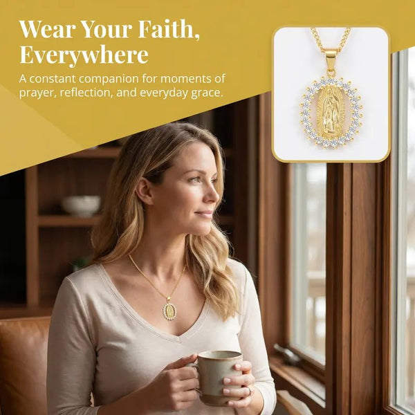 14K Gold Plated Virgin Mary Medal Necklace with CZ Halo Pendant – Gold Tone Catholic Religious Jewelry, Y2K Spiritual Gift for Women - KARMARKA