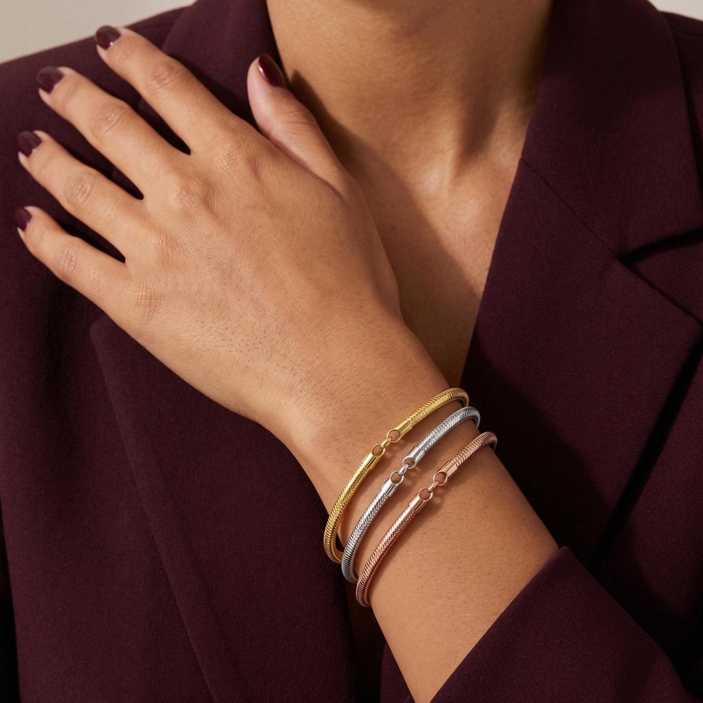 14K Solid Gold Snake Chain Flexible Bangle Bracelet | Stackable Minimalist Everyday Wear - KARMARKA