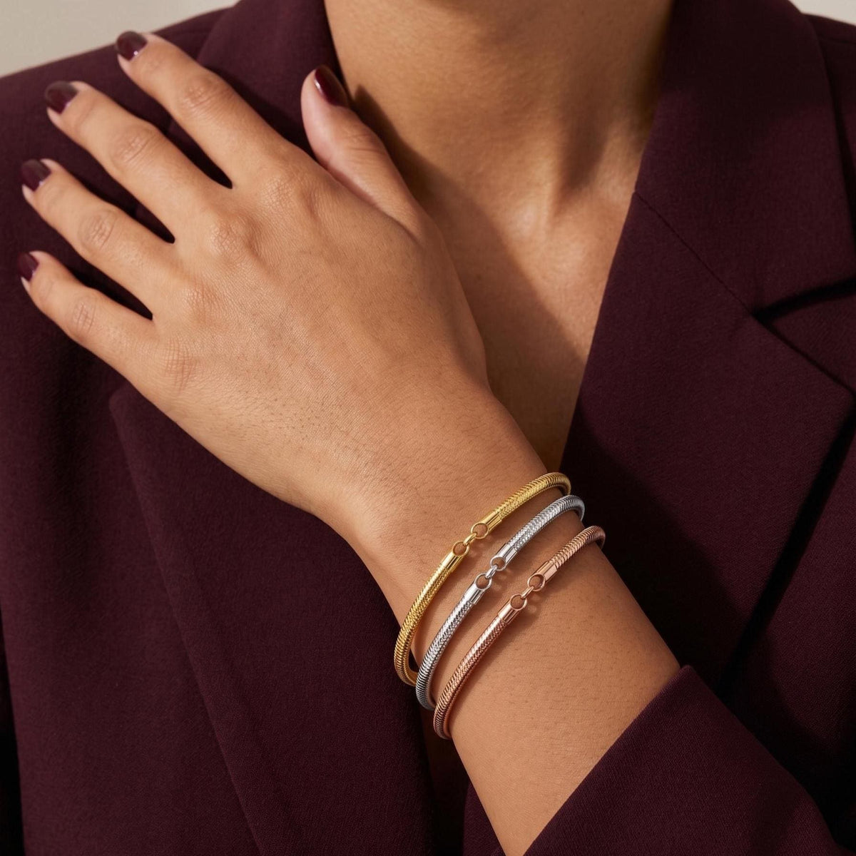 14K Solid Gold Snake Chain Flexible Bangle Bracelet | Stackable Minimalist Everyday Wear - KARMARKA
