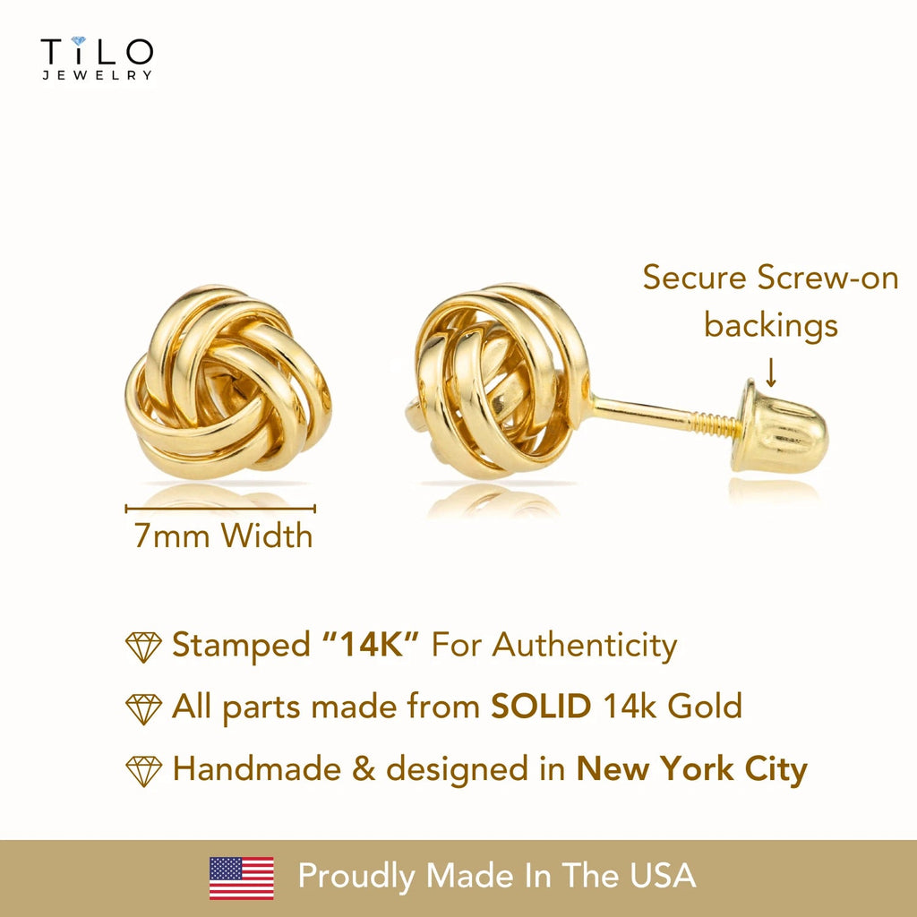 14K Yellow Gold Classic Polished Love Knot Stud Post Earrings with Secure Screw-Backs | 7MM | Women & Unisex - KARMARKA