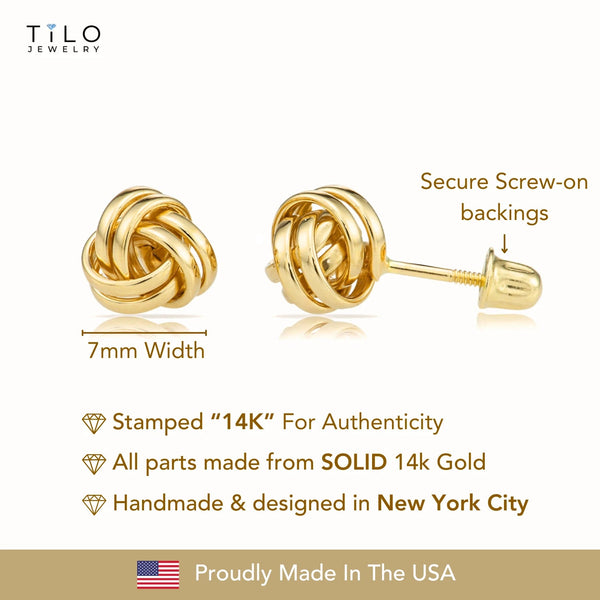 14K Yellow Gold Classic Polished Love Knot Stud Post Earrings with Secure Screw-Backs | 7MM | Women & Unisex - KARMARKA