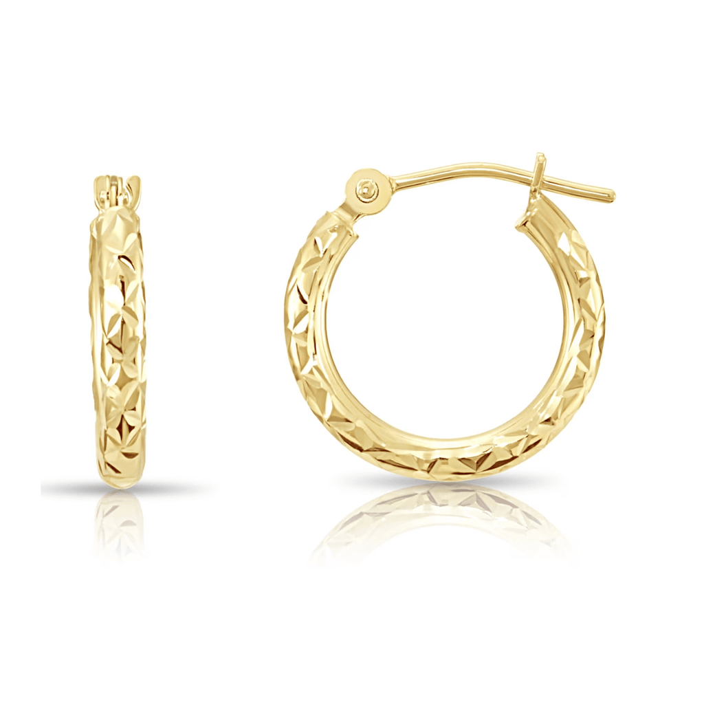14K Yellow Gold Diamond-Cut Engraved round Hoop Earrings for Women & Unisex | X-Pattern Design | 14Mm - 0.55 Inch - KARMARKA