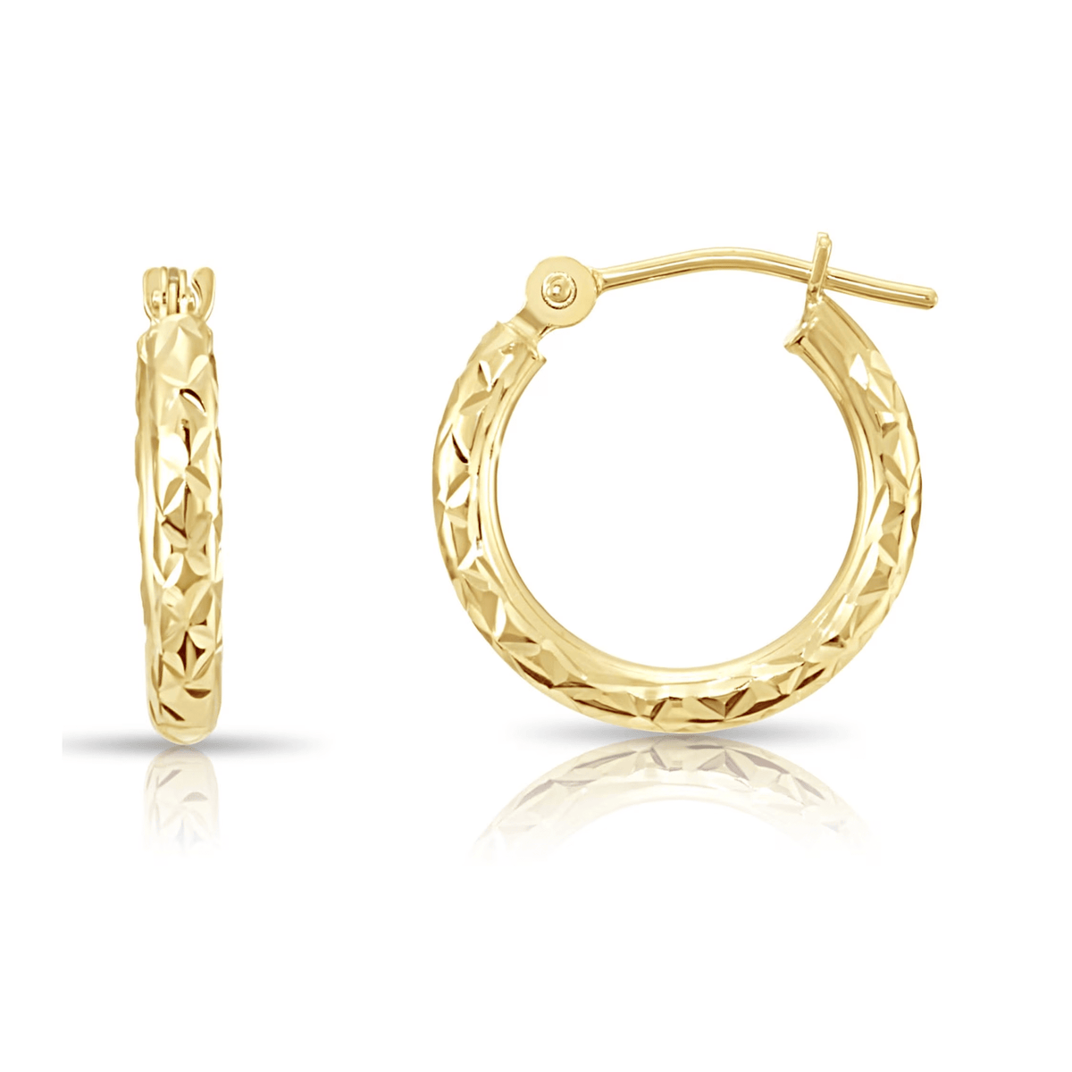 14K Yellow Gold Diamond-Cut Engraved round Hoop Earrings for Women & Unisex | X-Pattern Design | 14Mm - 0.55 Inch - KARMARKA