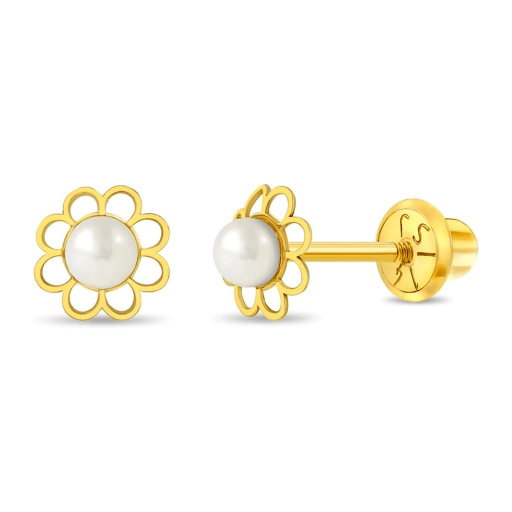 14K Yellow Gold Flower Cultured Pearl Kids Earrings - KARMARKA