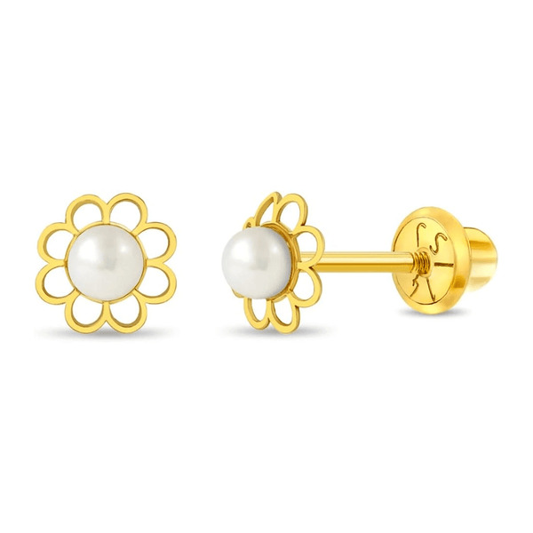 14K Yellow Gold Flower Cultured Pearl Kids Earrings - KARMARKA