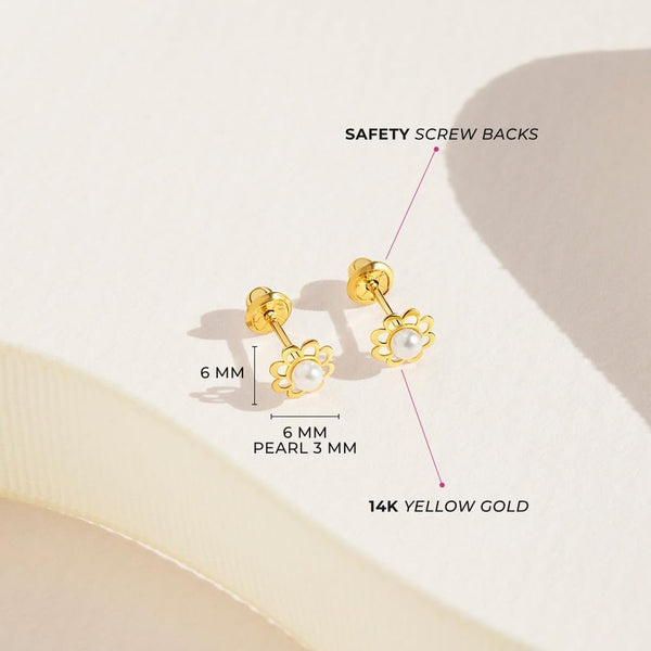 14K Yellow Gold Flower Cultured Pearl Kids Earrings - KARMARKA