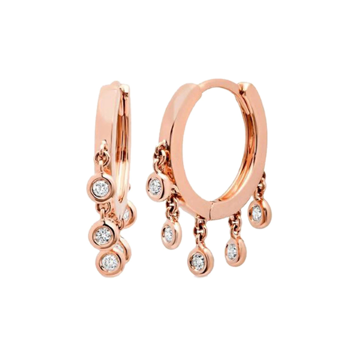 14K Yellow Gold Huggie Earrings, Natural Diamond Drop Hoops - KARMARKA