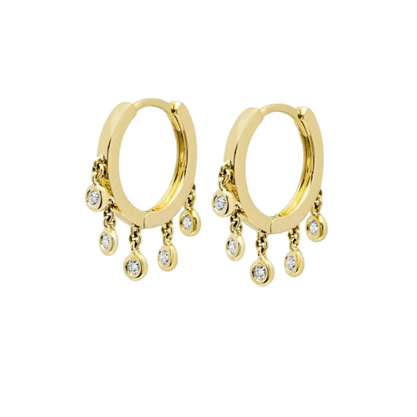 14K Yellow Gold Huggie Earrings, Natural Diamond Drop Hoops - KARMARKA
